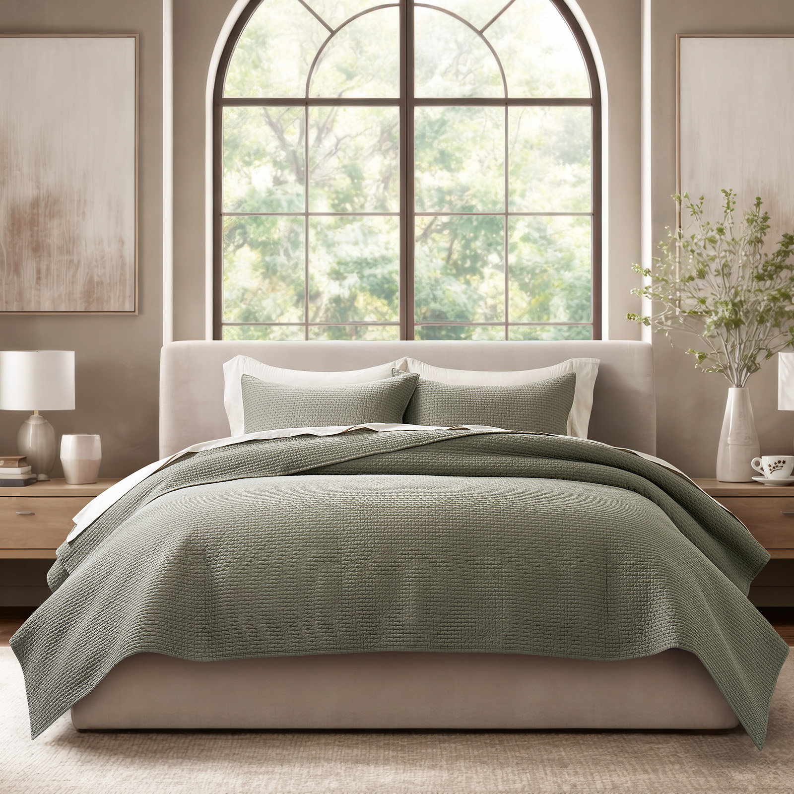 Cotton Sateen Quilt Set, Eucalyptus Green, Queen Quilt + 2 Standard Shams