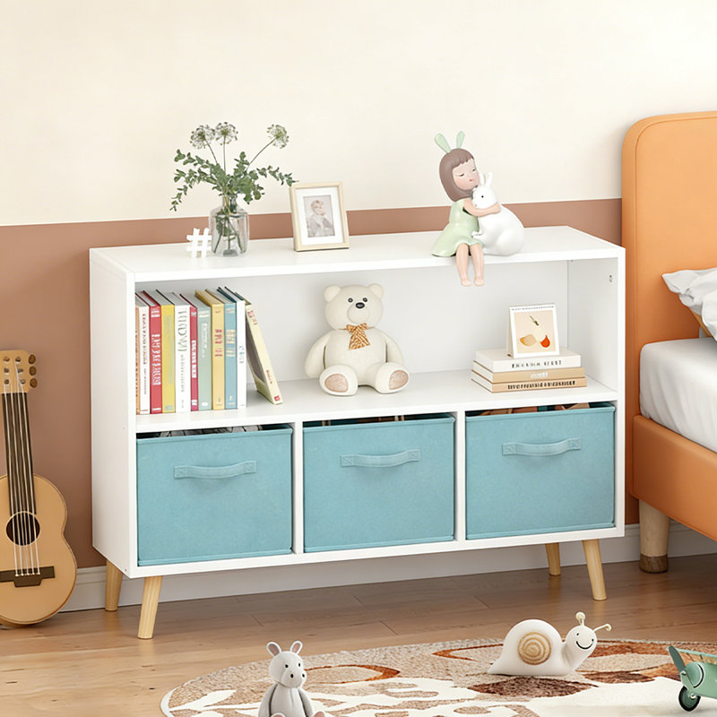Kids Bookcase And Bookshelf, Multi Shelf With 3 Collapsible Fabric Drawers, Toy Storage Organizer For Bedroom, Playroom, Hallway