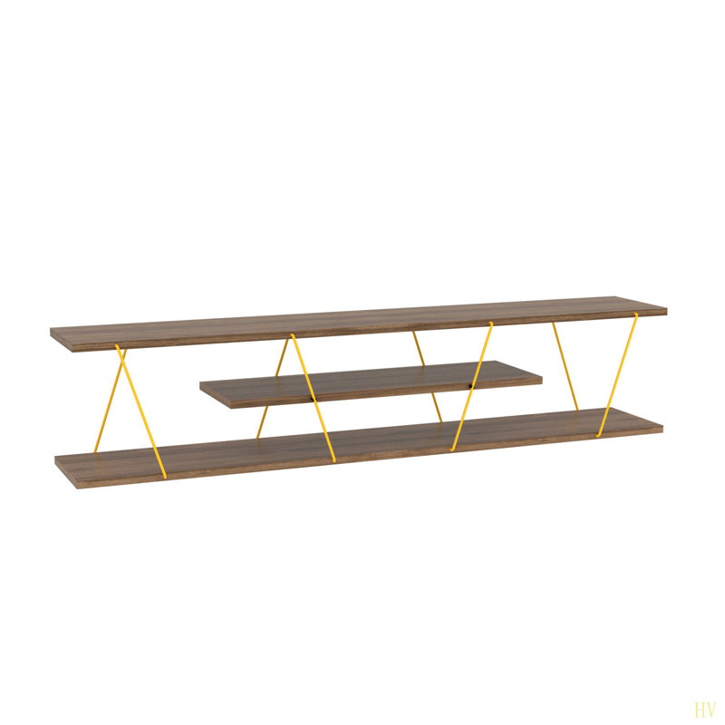 Mid Century Modern Tv Stand 4 Shelves Open Storage Metal Cords Entertainment Centre 56 Inch Low Tv Unit, Dark Brown/Gold