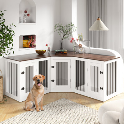Mobilier de grande cage pour 3 chiens, cage d'angle avec portes verrouillables, chenil en bois pour petits chiens de taille moyenne