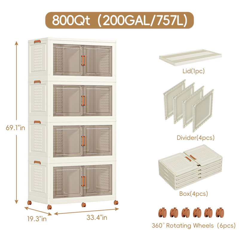  800Qt Foldable Storage Bins With Lids, Doors & Dividers, Stackable Plastic Drawers With Wheels For Home, Closet & Garage Organizer, 4 Pack, Cream