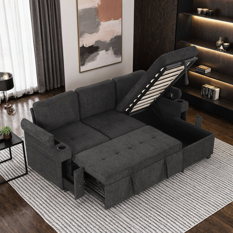 Canapé-lit en L 83,5 po convertible beige avec méridienne réversible, rangement, ports USB et porte-gobelets, Noir