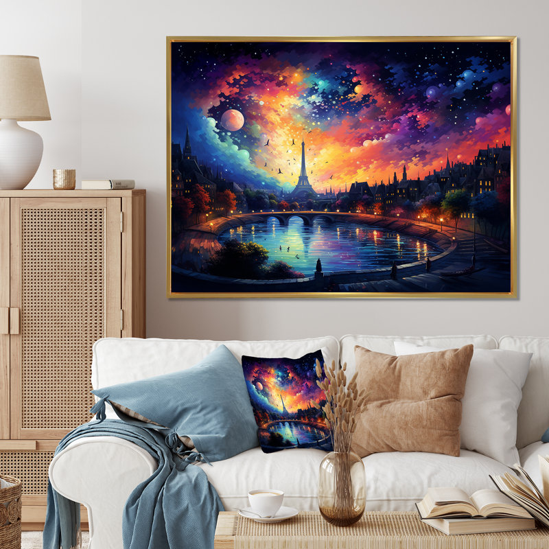 «Paris Starry Night Skies - Vangogh», art mural, Cadre flottant doré, H 24 po x l 32 po x P 1 po
