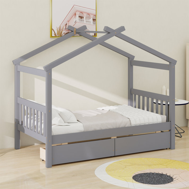 Lit en bois avec tiroirs, Gris, Lit simple