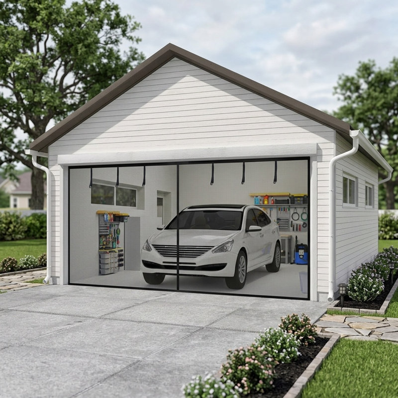 Maille en polyester pour écran de porte de garage magnétique avec 26 aimants et 6 bandes de cerclage à fermeture rapide