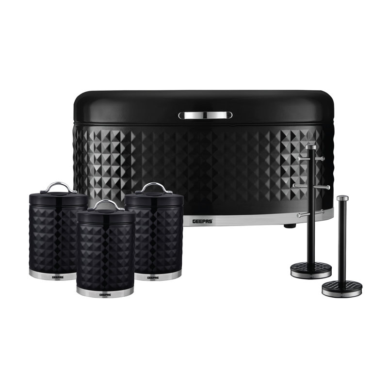 GEEPAS Argyle Tea Coffee Sugar Canister, Bread Bin, Mug Tree & Towel Pole Set | 9L Bread Box 1.3L Airtight Canister Set | Carbon Steel Build Kitchen Counter Storage Space Saver