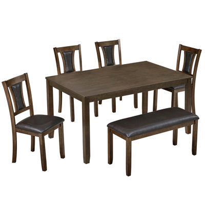 6-Piece Dining Table Set with Bench and Chairs, Wooden dining table set for 6 people, Farmhouse Rustic Style 6 Person Dining Table Set for Dining Room