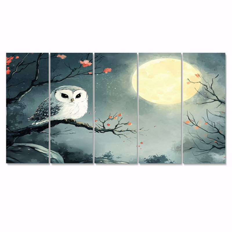 Hibou au clair de lune en hiver - Art mural animal hibou - ensemble d'art mural moderne, H 32 po x l 80 po