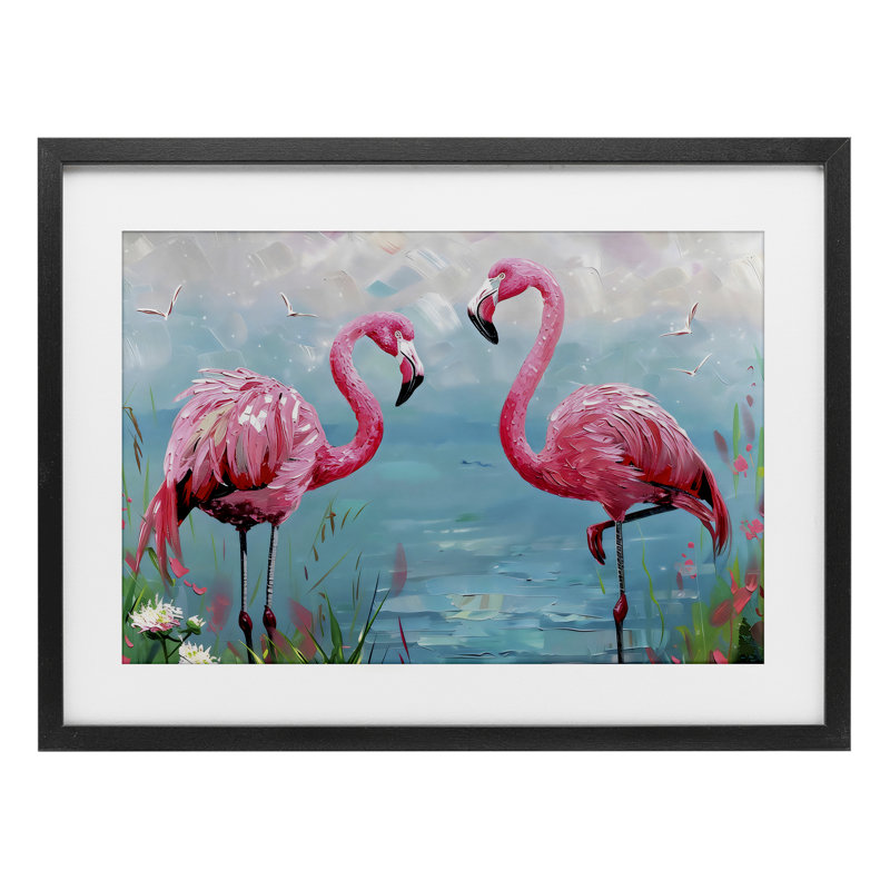 «Flamingo Lagoon Duo», reproduction sous verre encadrée, design par LSR Design Studio, H 14 po x l 20 po, Cadre noir minuit