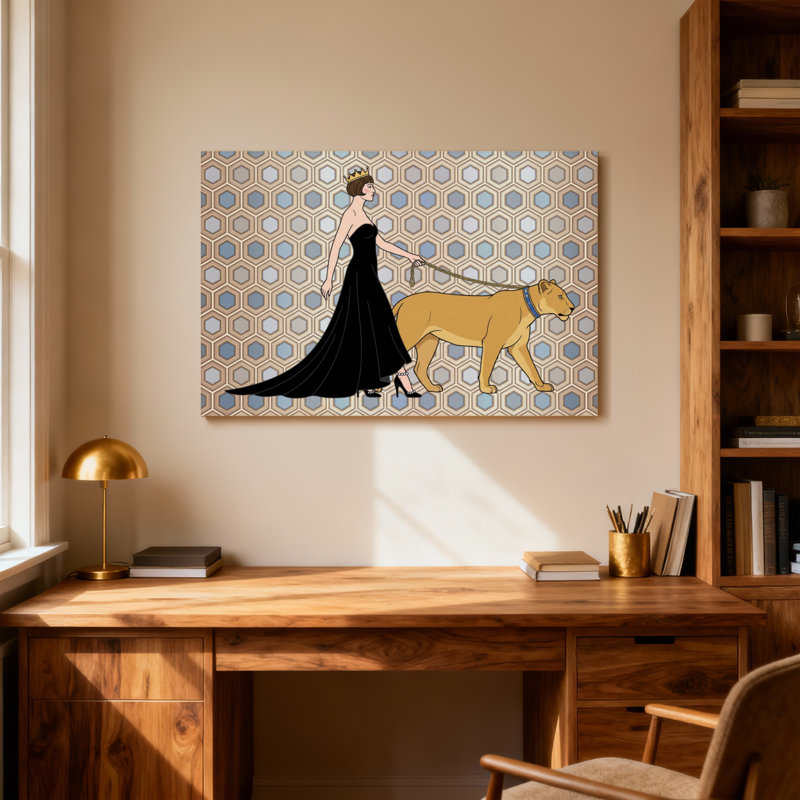 Animaux, femme élégante avec lion en laisse, H 32 po x l 48 po