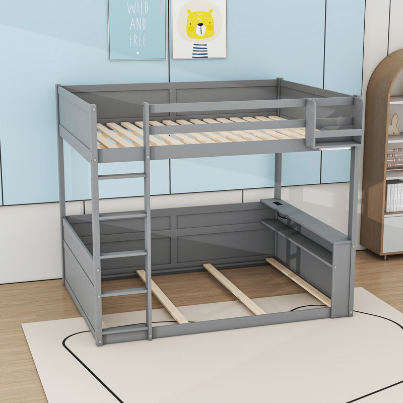 Grand lit superposé en bois avec DEL, station de charge et tablettes, gris