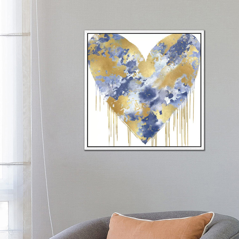 Big Hearted Blue And Gold by Lindsay Rodgers - Print on Canvas, White Framed, 66.04cm H x 66.04cm W x 3.81cm D