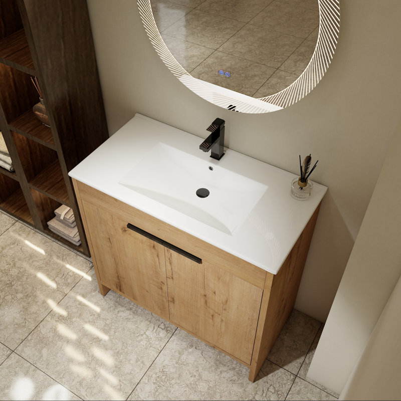 36" Freestanding Vanity with White Ceramic Sink and Soft-Close Storage, Imitative Oak