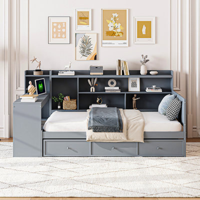 Lit de jour simple en gris avec construction, 3 tiroirs et bureau en bois de pin - et pour économiser de l'espace