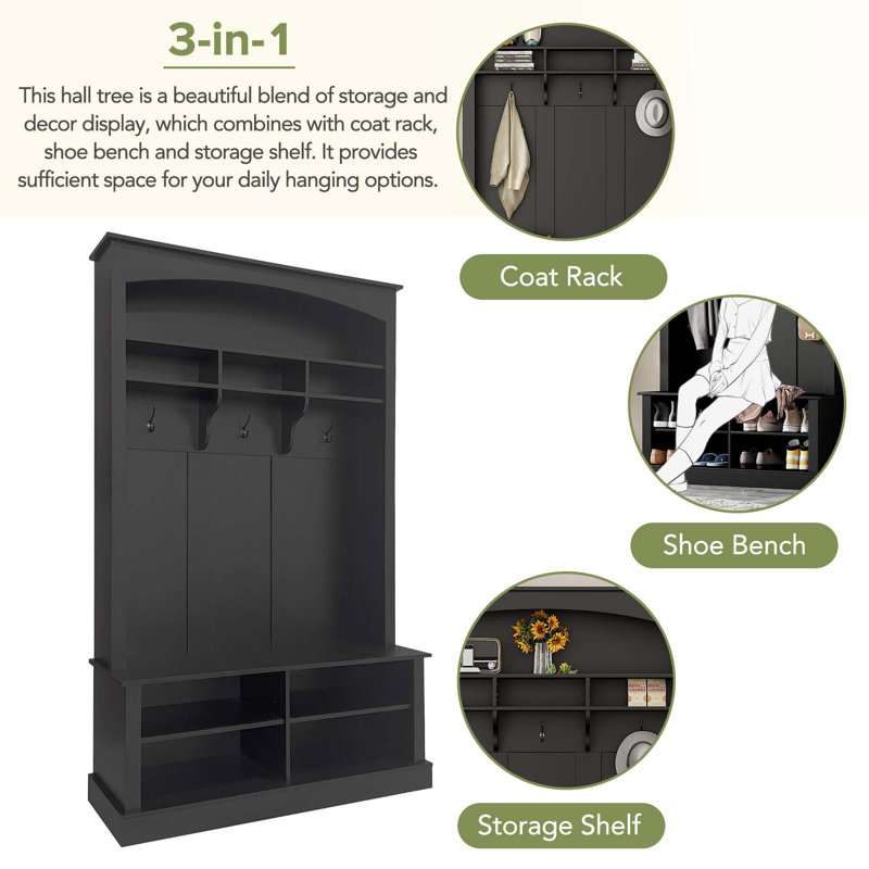 Hall Tree With Shoe Storage Bench, 3 Hanging Hooks & Open Storage Space, Black