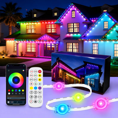 Guirlande lumineuse extérieure permanente de 91 m (300 pi), DEL RVB 5050 à couleurs changeantes, basse tension 24 V, commande Bluetooth via l'application DayBetter et télécommande 44 touches, alimentée par piles, éclairage extérieur pour les fêtes, Noël et la décoration quotidienne.