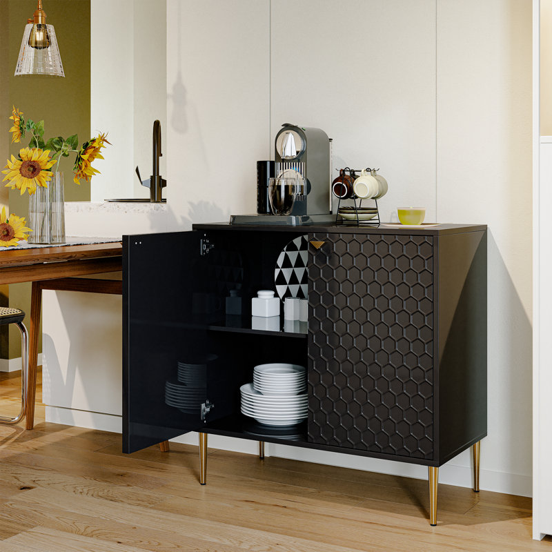 Wood 32" H 2-Door Accent Cabinet with Metal Legs, Black