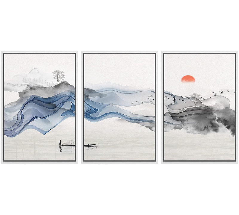 Peinture de paysage chinois - Décoration murale de salon de chambre à coucher, Cadre flottant blanc, H 36 po x l 72 po