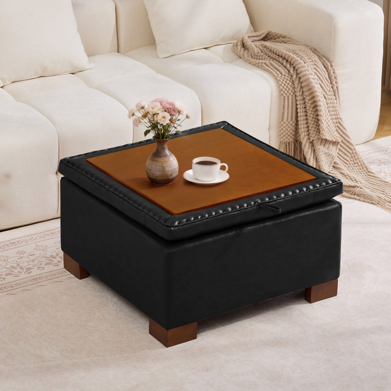 Repose-pieds de rangement carré capitonné de 29,5 po de largeur, Noir pu, H 17,7 po x l 29,5 po x P 29,5 po