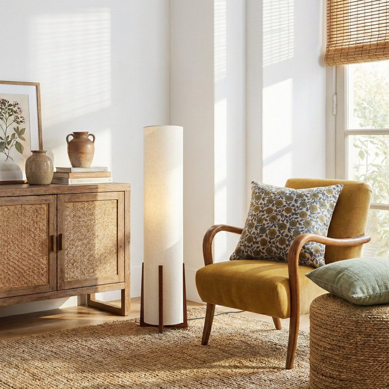 Parker 48 in. Farmhouse 2-Light LED Energy Efficient Floor Lamp with Beige Fabric Cylinder Shade