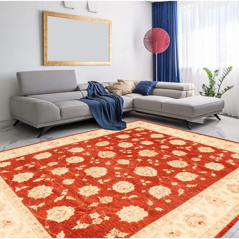 Tapis décoratif rouge/Ivoire en laine de conception unique 8 pi 2 po x 9 pi 8 po noué à la main New Age