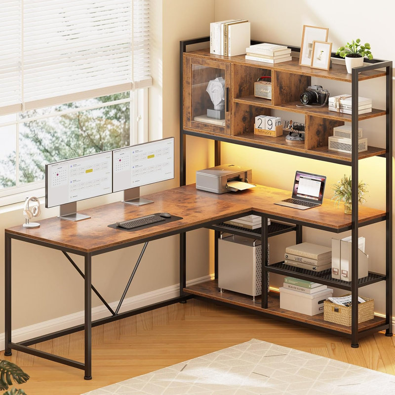 Shellsburg Modular L-Shaped Steel Computer Desk, Rustic Brown/Black