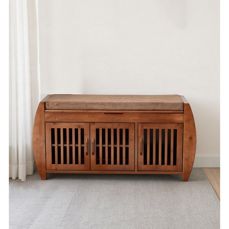 Banc de rangement pour chaussures en bois rustique, organisateur de vestibule avec siège rembourré et portes ventilées