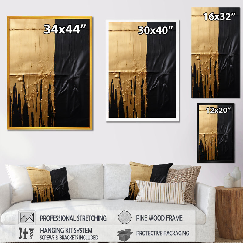 «Essential Nature Abstract Gold and Black», reproduction d'art sur toile, Cadre flottant doré, H 32 po x l 24 po x P 1 po