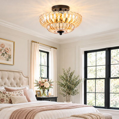 12’’W 3-Light Semi Flush Mount Ceiling Light, Petal Ribbed Glass Shade, Modern Vintage Brass Gold Ceiling Fixture for Bedroom Dining room