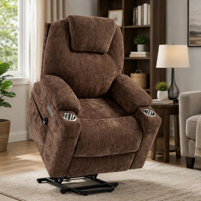 Fauteuil inclinable simple électrique en chenille brun avec fauteuil chauffant avec massage par vibration à 8 points, ports USB Type C et porte-gobelets en acier inoxydable pour le salon
