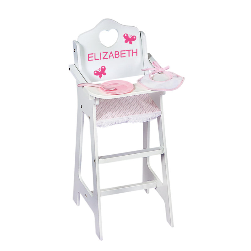 White and Pink Gingham Doll High Chair with Accessories