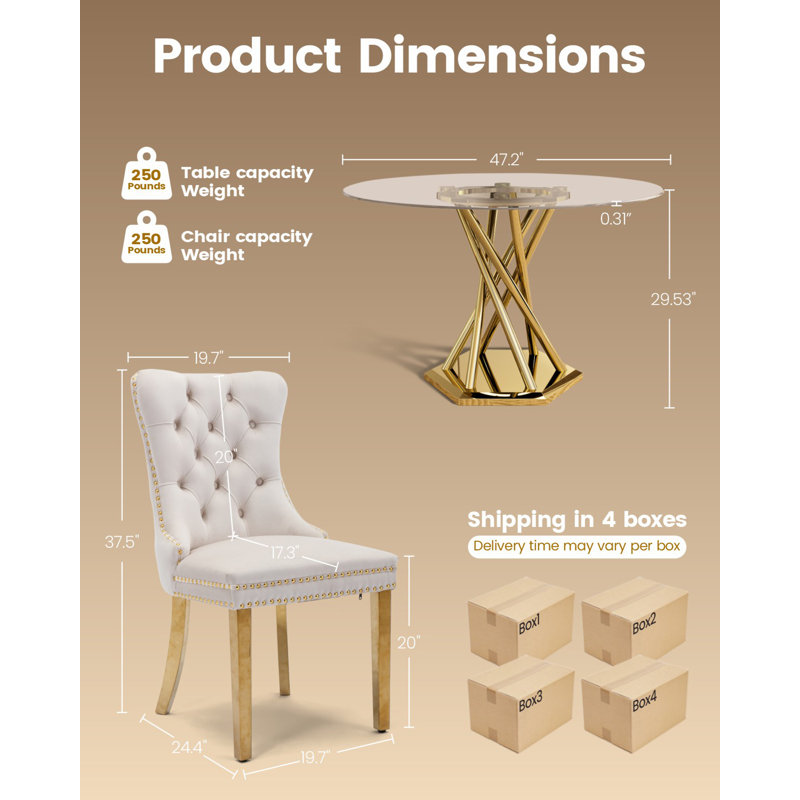 Ensemble de table de salle à manger 47,2 "en verre pour 4 personnes, table de salle à manger avec 4 chaises en velours, Doré