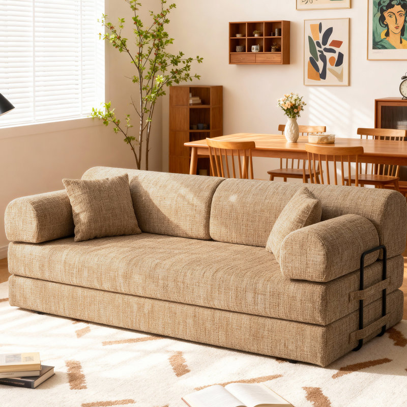 Canapé-lit multifonctionnel 4 en 1 convertible, de couleur ocre, avec 3 places en boudoir, idéal pour le salon et la chambre. Revêtement en boudoir bouclé, mousse haute résilience, aucun montage requis. Disponible en 30D.