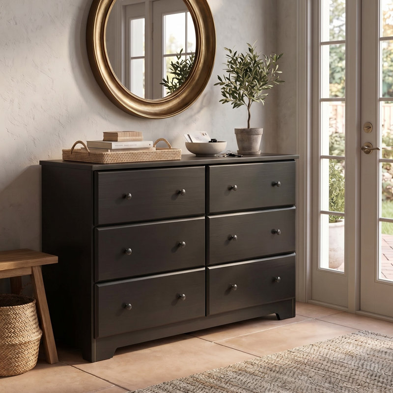 Isabela 6 Drawer Solid Wood Double Dresser, Black