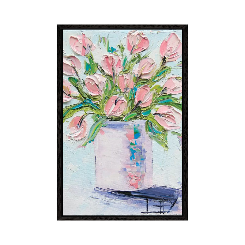 Pink Tulips II by Lisa Elley - Painting on Canvas, 66.04 cm H x 45.72 cm W, Black Framed