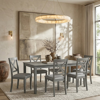 7-Piece Solid Wood Dining Table and Chairs Set, Modern X-Back Padded Chairs
