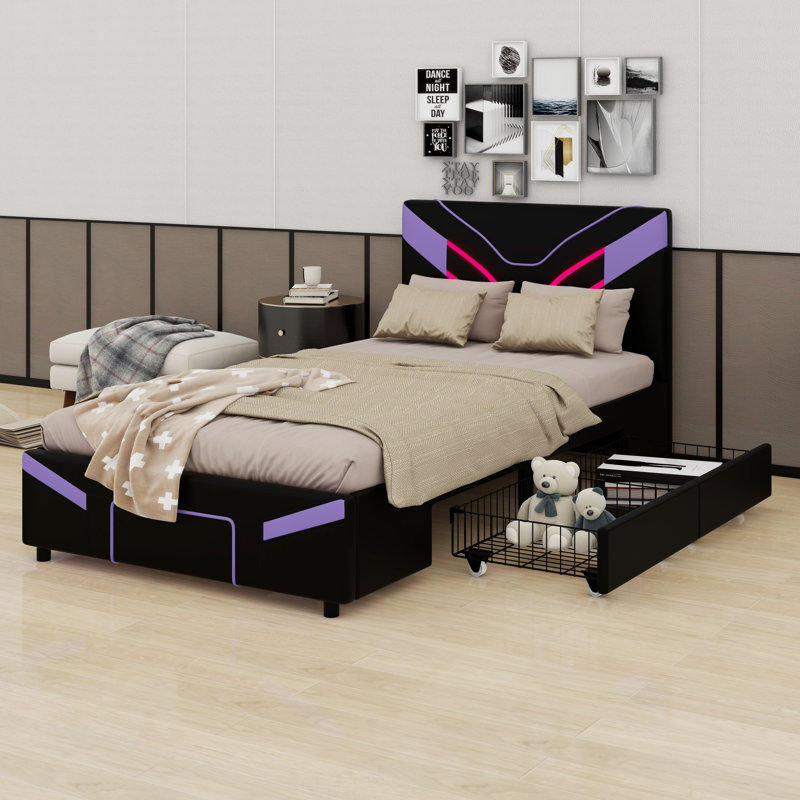 Lit plateforme tapissier de luxe avec tiroirs de rangement intégrés et DEL, Purple