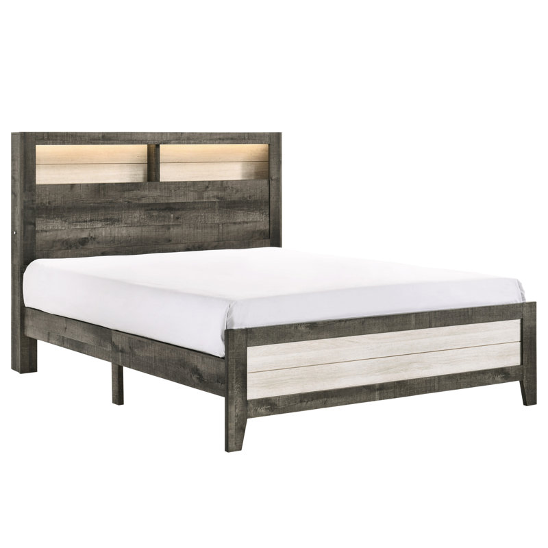 Grand lit avec tête de lit à profil bas et éclairage intégré, gris beige, tête de lit de rangement contemporaine, profil bas, bois beige, tablettes