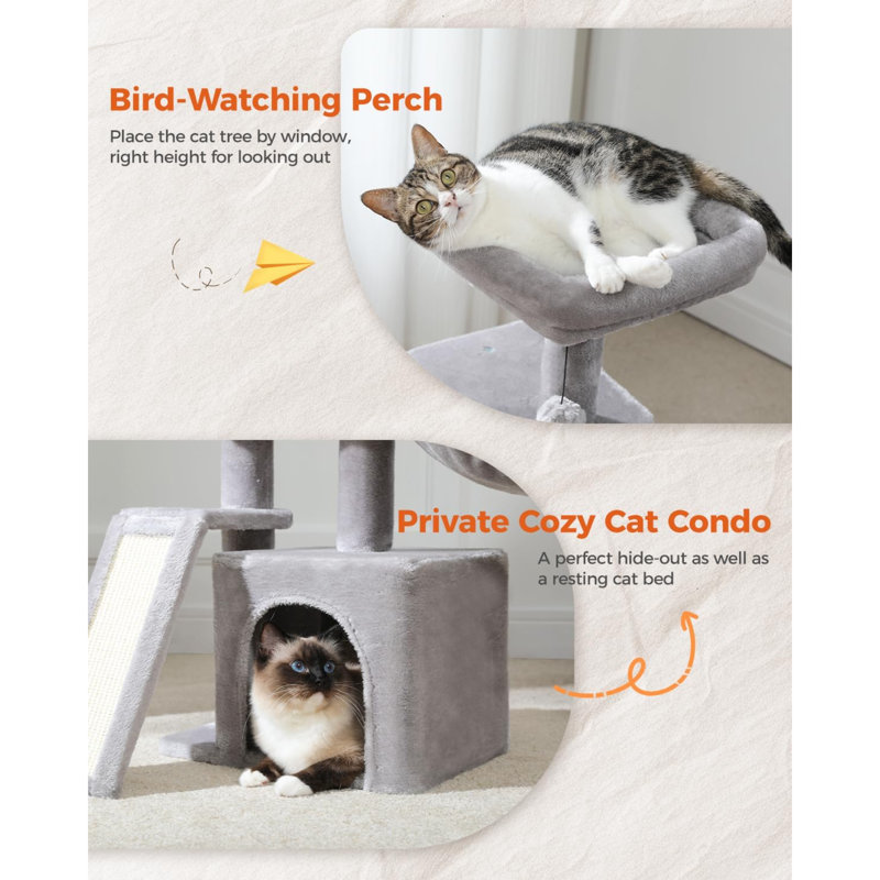 Gray Plush Cat Tree with Sisal Scratching Ramp and Hammock