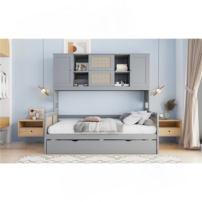 Wooden Daybed With Twin Size Trundle, And All-In-One Cabinet And Shelf, Gray, Twin