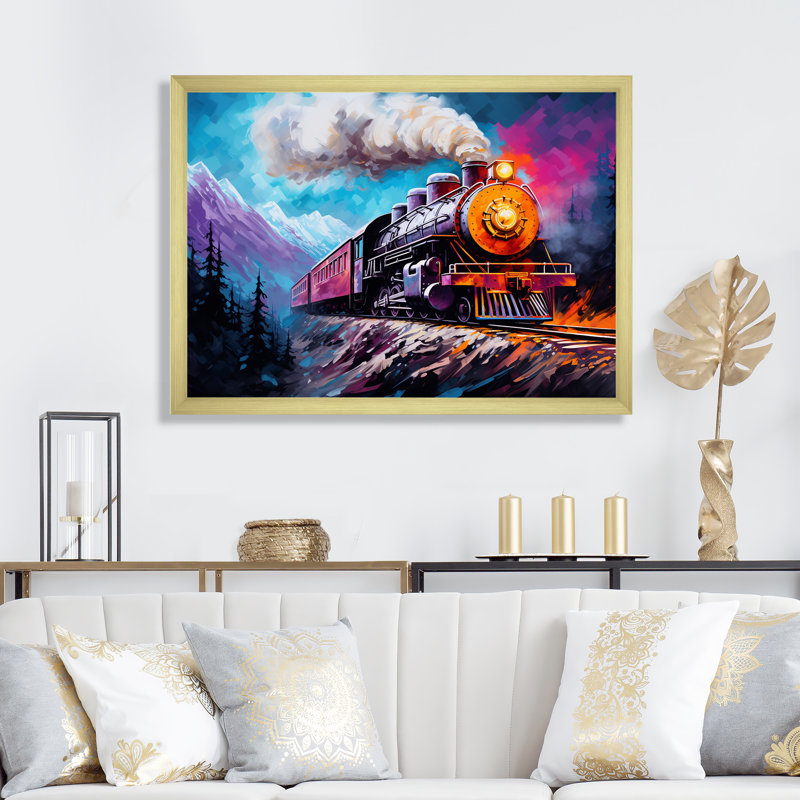 Steamtrain Travelling In Winter Snow, reproduction d'art sur toile, H 34 po x l 44 po x P 1,5 po, Cadre doré simple