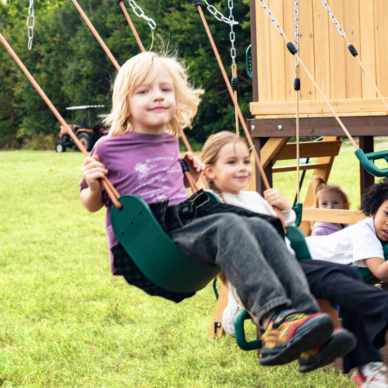 Dolphin Playground Outdoor Wooden Swing Set With Playhouse, Slide, 3 Swings & Sandbox - Multi-platform Backyard Playset For Kids