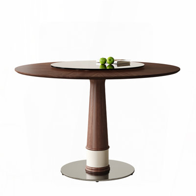 47" Solid Wood Round Table with 23" Tempered Glass Lazy Susan – Stainless Steel Base