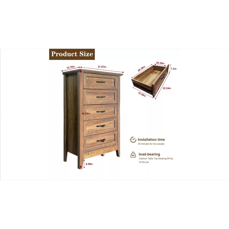 Chest of Dresser, Wood Vintage Dresser 5 Drawer, Tall Dresser for Storage Organizer Clothes, Brown
