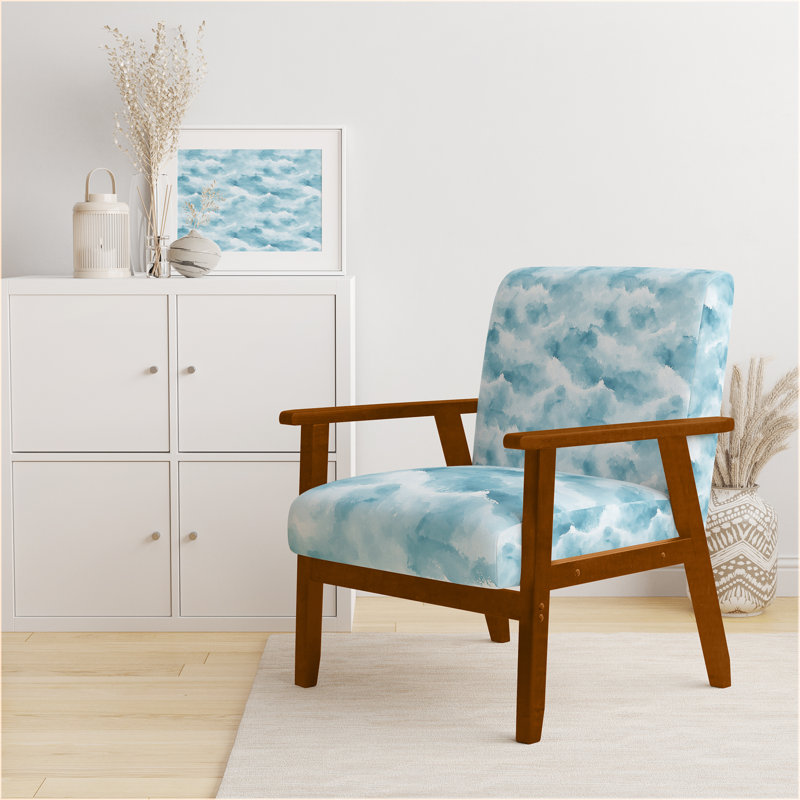 Chaise abstraite rembourrée - Fauteuil blanc Coastal Mist, Accoudoirs carrés bruns