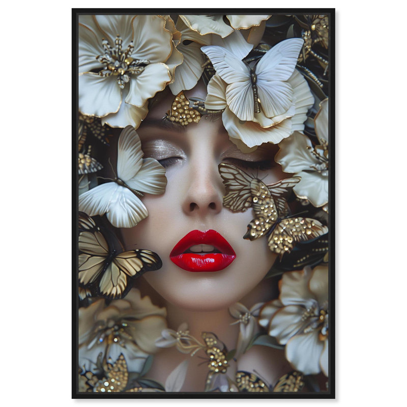 «Madama Butterfly Canvas Floral Collage» par Art Remedy, Cadre noir, H 16 po x l 11 po