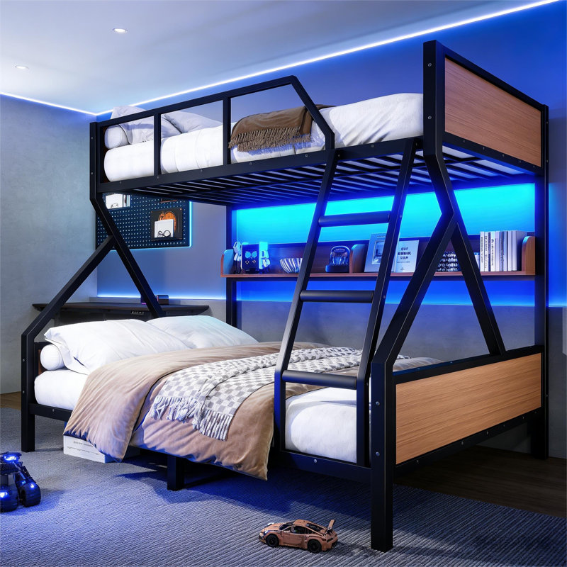 Lit superposé grand sur très grand avec tablettes de rangement et lumières, lit superposé en métal pour adultes et adolescents, structure silencieuse et peu encombrante, aucun sommier nécessaire, noir