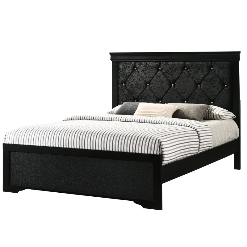 Très grand lit noir avec tête de lit tapissier et capitonnage spectaculaire, base en bois massif séduisante