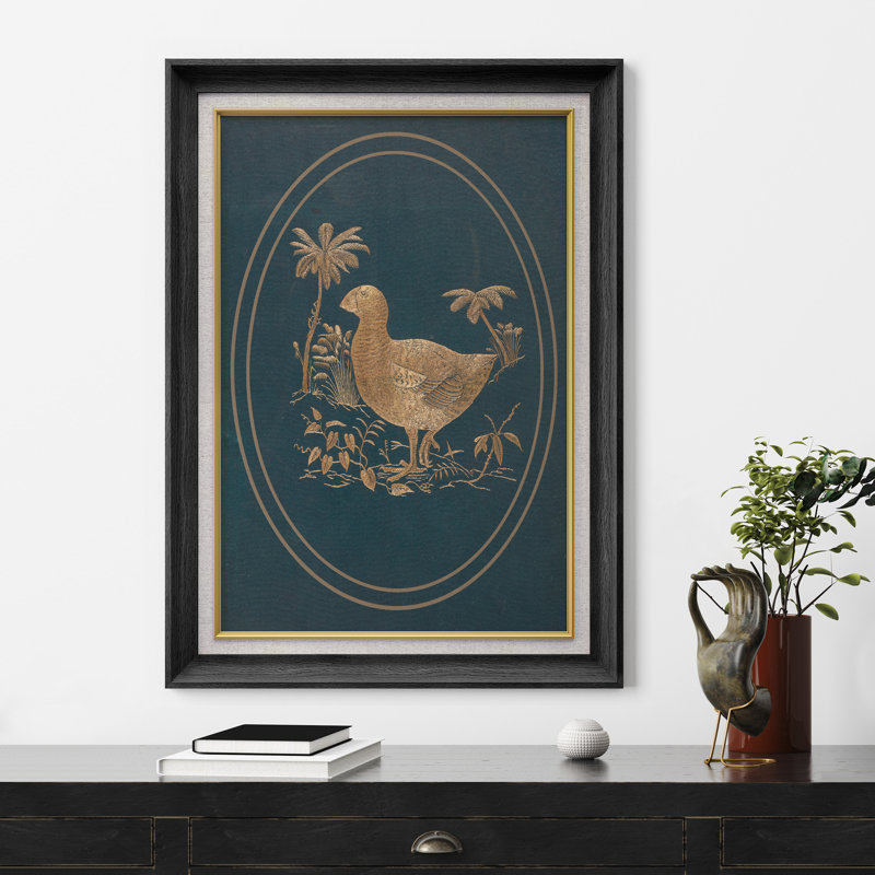 Oiseau doré rétro avec palmiers sur fond ovale bleu sarcelle - impression d'art encadrée sur papier
