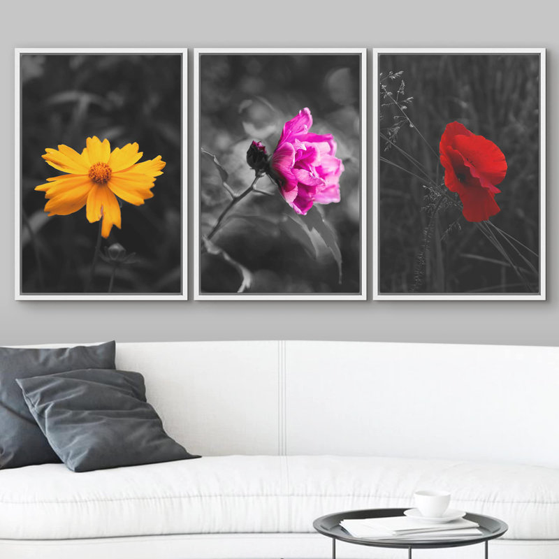 Touche de couleur fleurs sur fond noir et blanc, décoration murale moderne, H 24 po x l 48 po, Cadre flottant blanc
